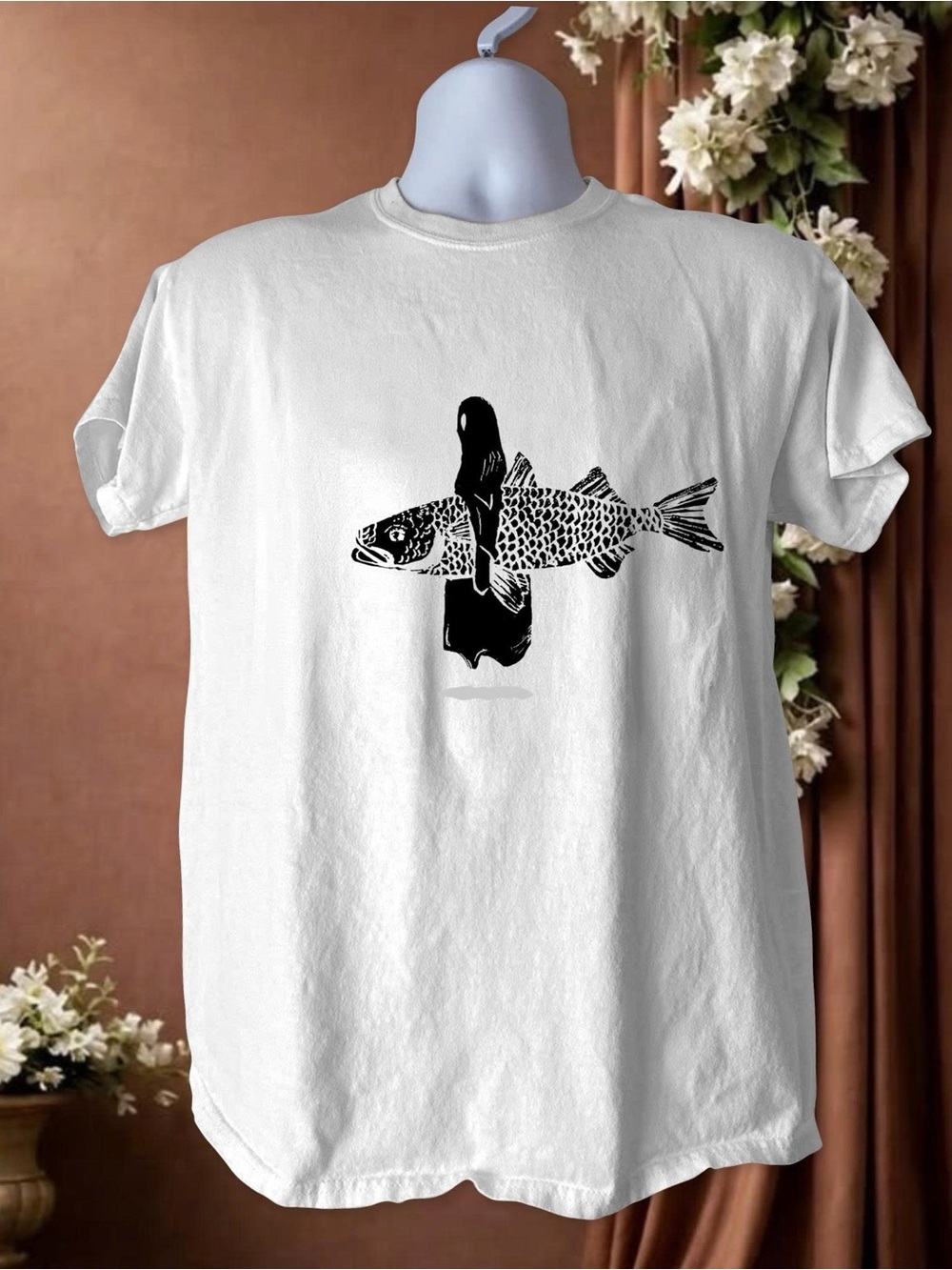 Gildan White Tee with Black Ghost & Fish Graphic Tee